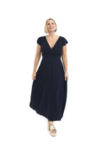 Arriendo de Vestido largo lycra azul marino escote y espalda en V con manguitas