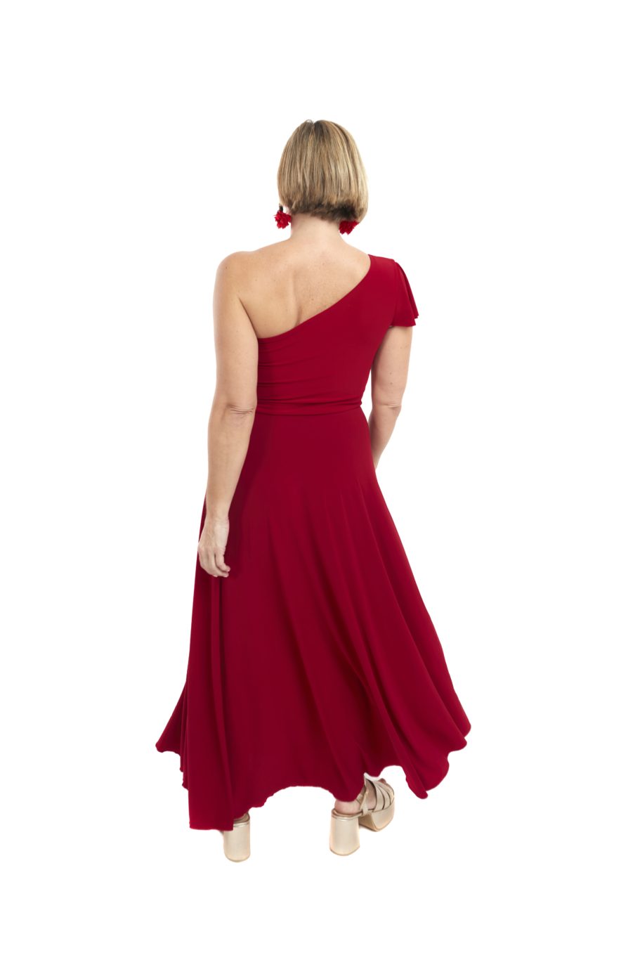 Arriendo de Vestido largo lycra rojo italiano con un hombro