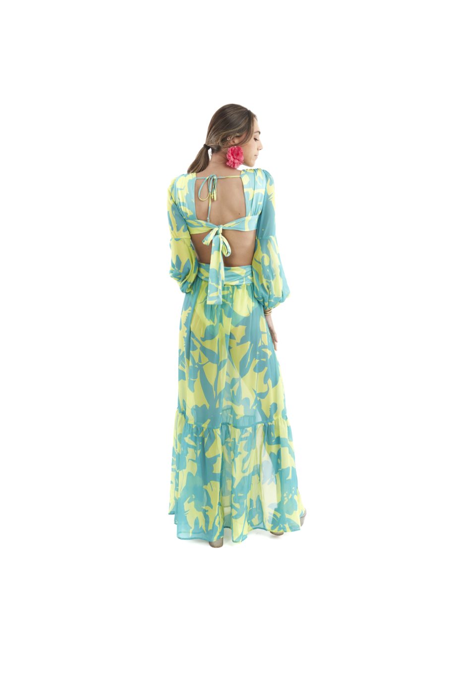 Arriendo de Vestido largo verde limón y celeste con hoyos cintura