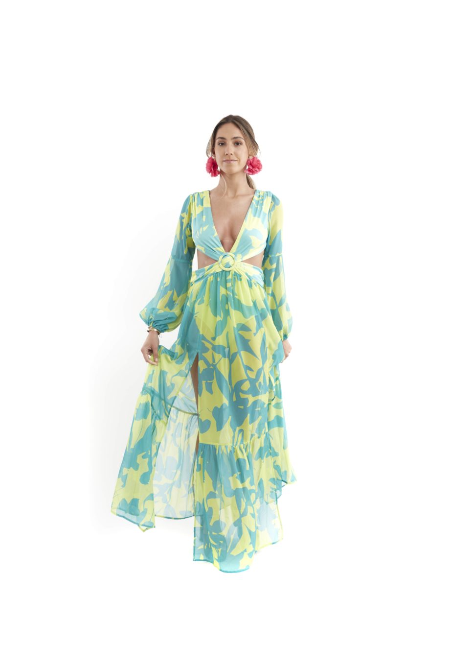 Arriendo de Vestido largo verde limón y celeste con hoyos cintura