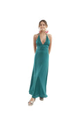 Arriendo de Vestido largo marca Debut turquesa escote en V amarre al cuello