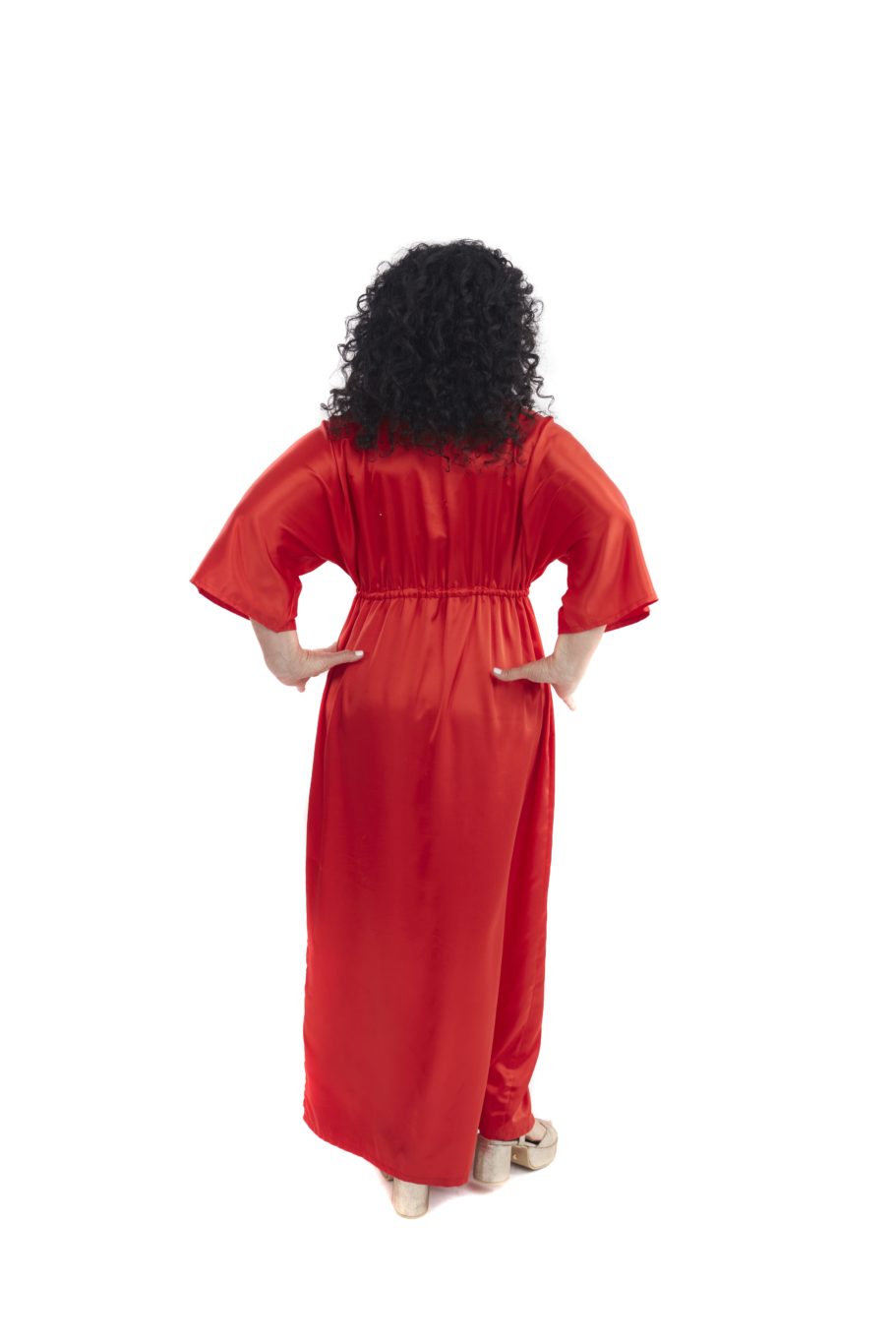 Arriendo de Vestido largo rojo metálico seda escote en V con mangas y amarre adelante