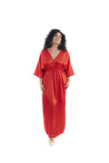 Arriendo de Vestido largo rojo metálico seda escote en V con mangas y amarre adelante