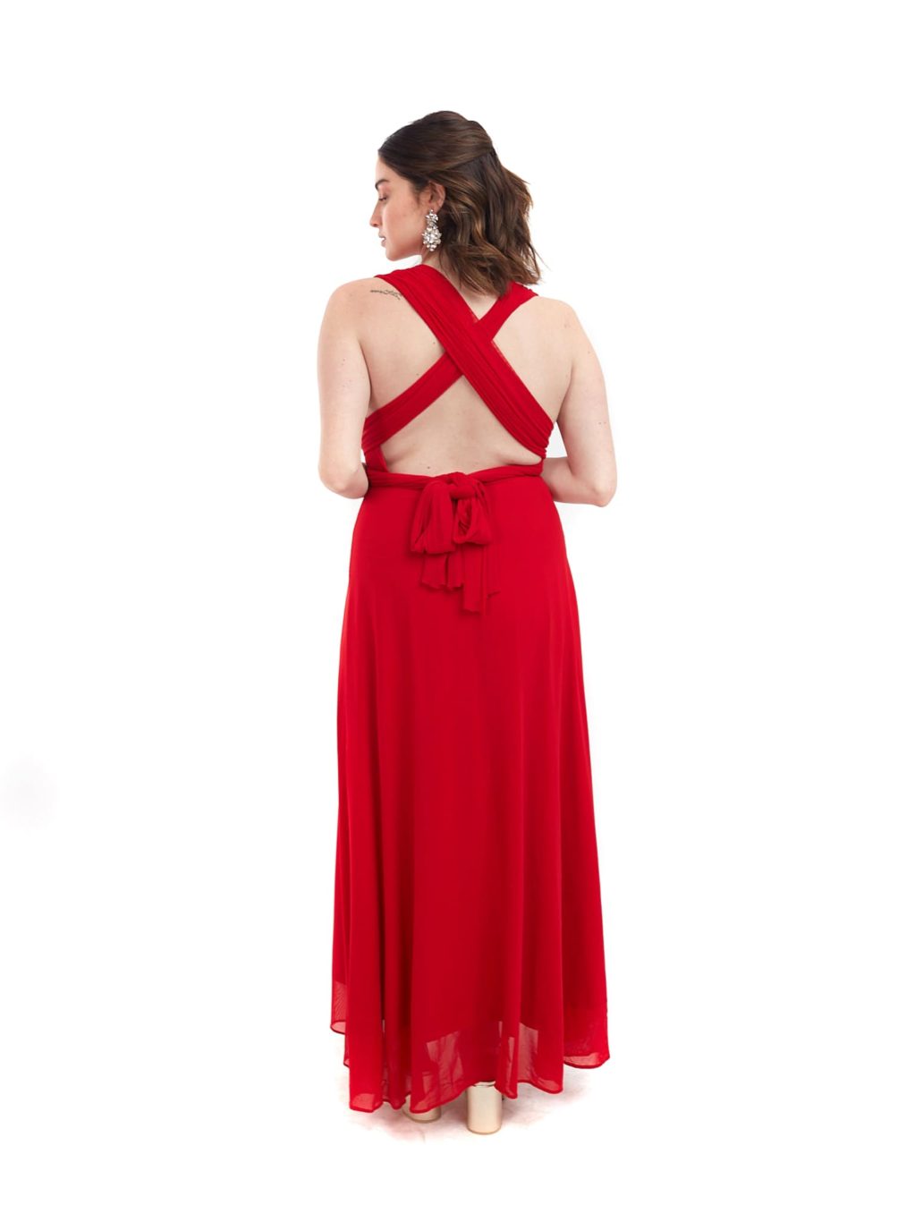Arriendo de Vestido largo rojo multiformas con transparencia y malla