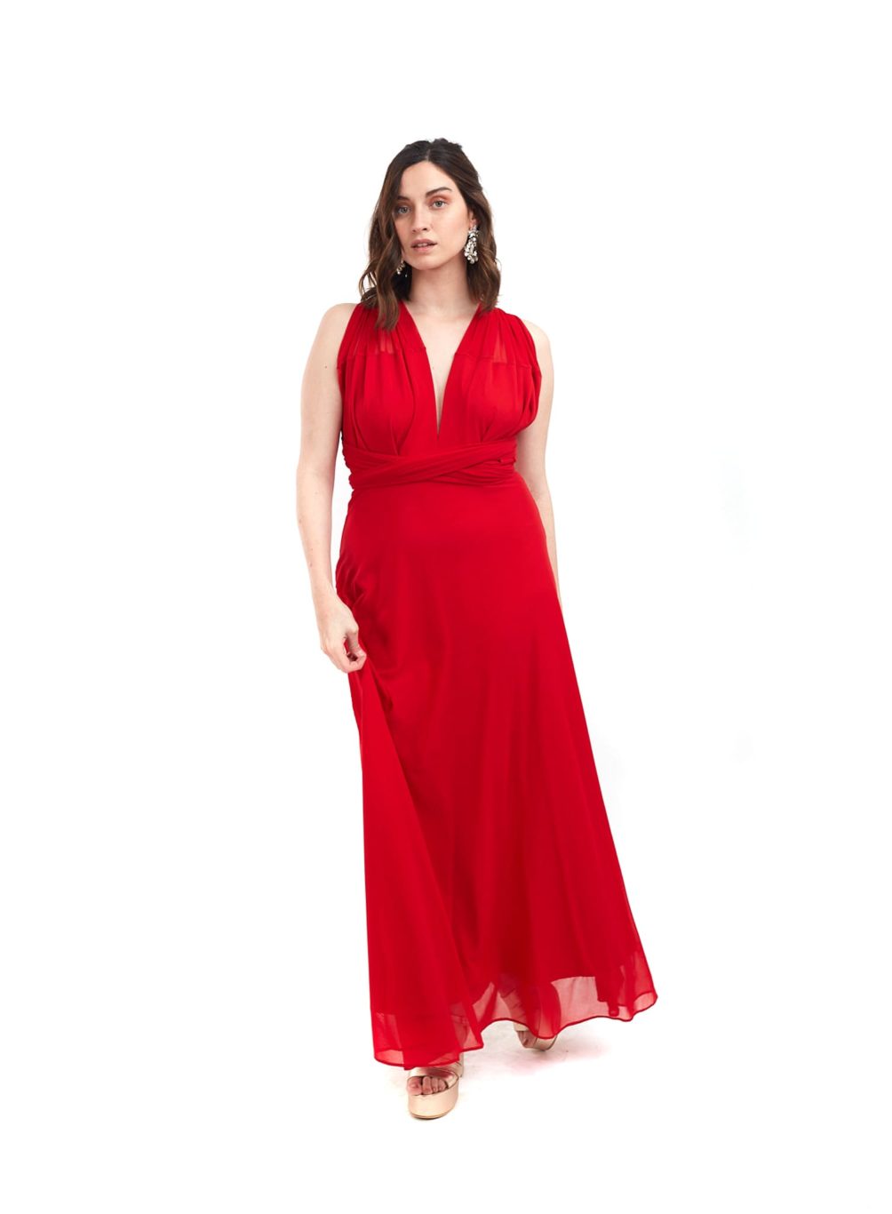 Arriendo de Vestido largo rojo multiformas con transparencia y malla