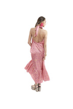 Arriendo de Vestido largo satín lila con naranjo cuello halter Sazalaxa