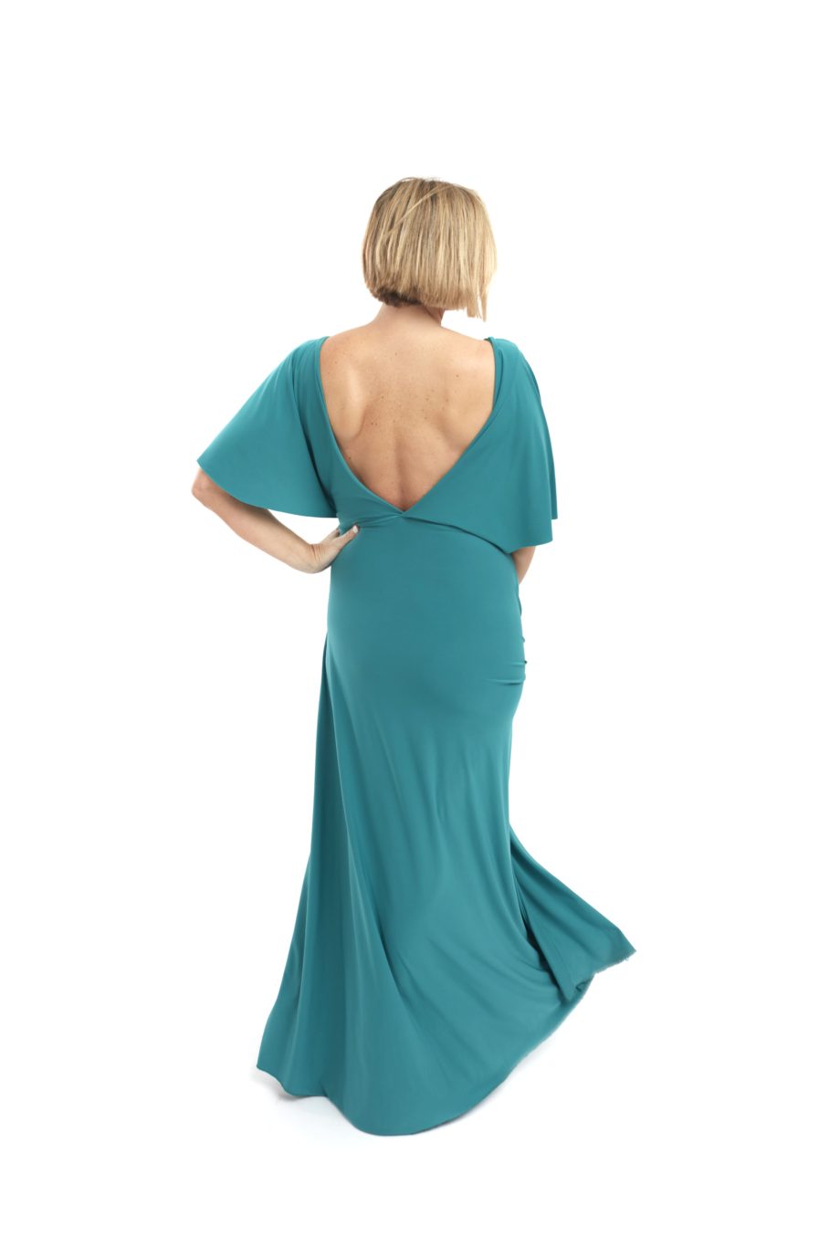 Arriendo de Vestido largo verde petroleo con manguitas de lycra