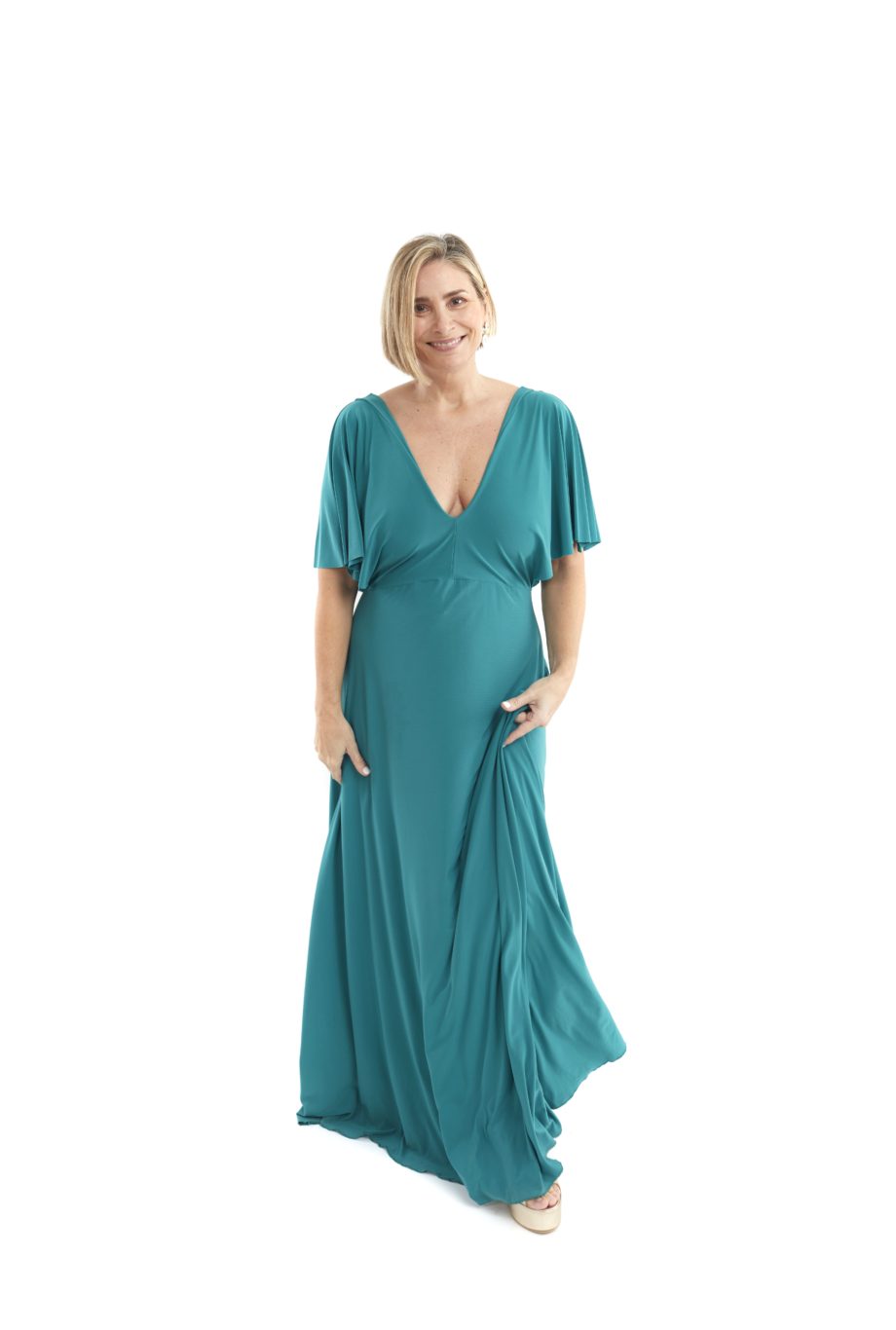 Arriendo de Vestido largo verde petroleo con manguitas de lycra