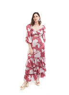Arriendo de Vestido Cocoota con mangas flores terracota con beige largo