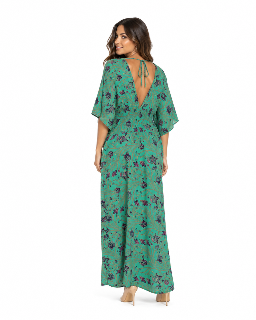 Arriendo de vestido largo verde con morado y amarillo mangas hippie