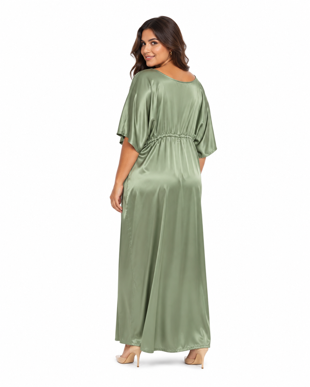 Arriendo de vestido largo verde menta escote en V amarre adelante con mangas