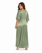 Arriendo de vestido largo verde menta escote en V amarre adelante con mangas