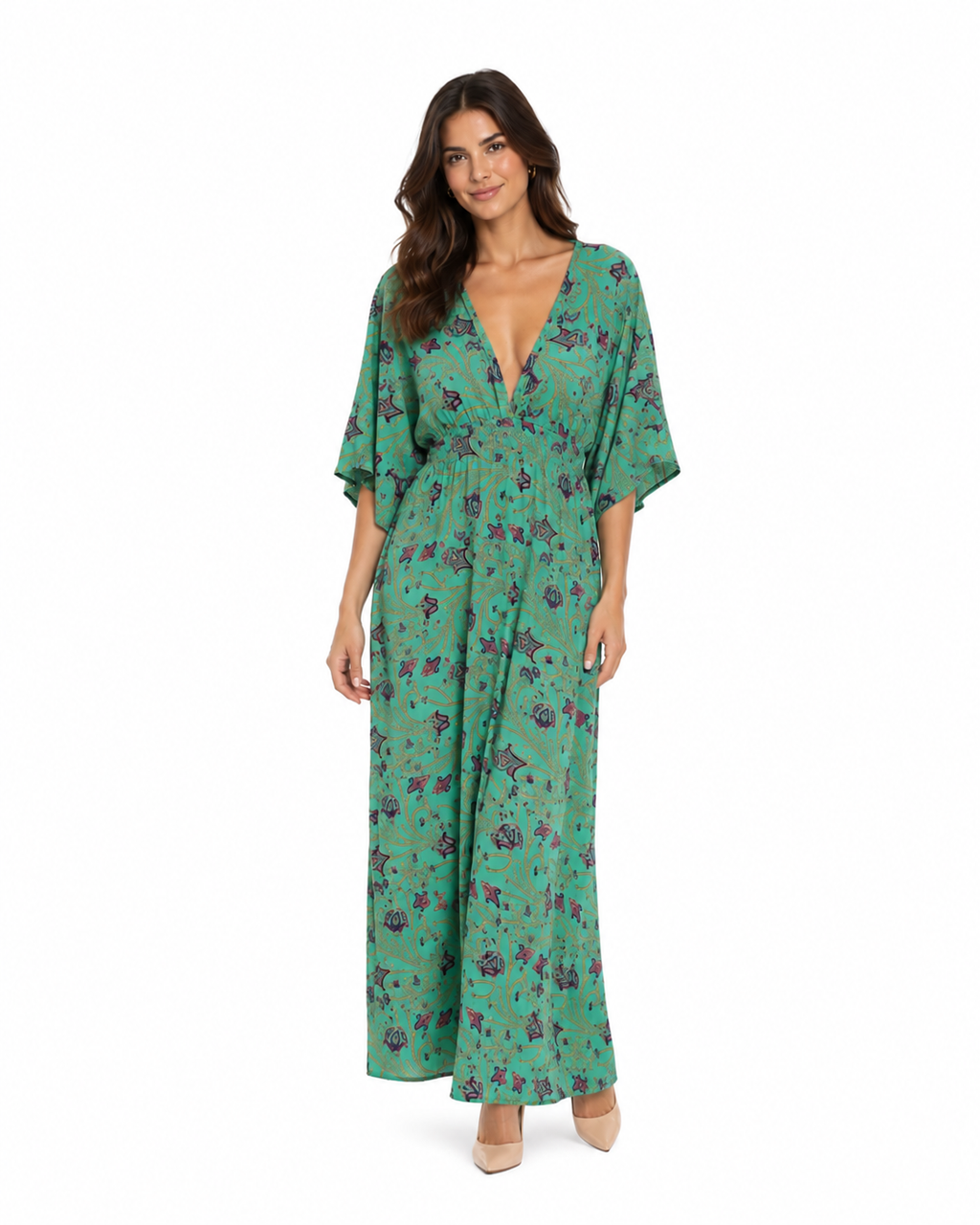 Arriendo de vestido largo verde con morado y amarillo mangas hippie