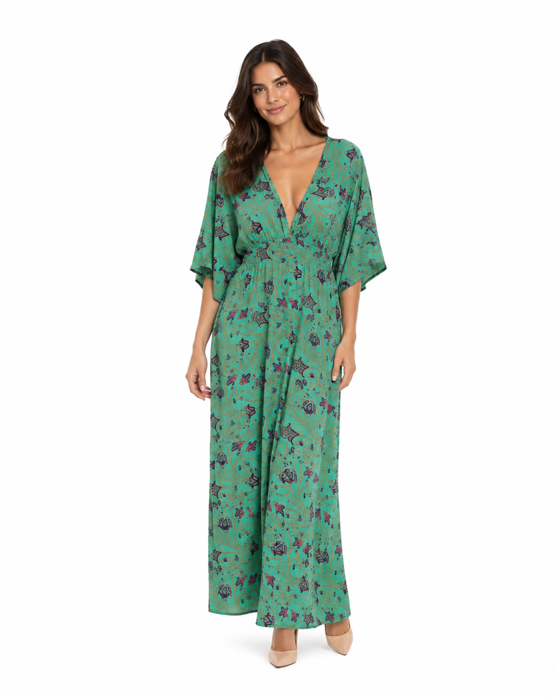 Arriendo de vestido largo verde con morado y amarillo mangas hippie