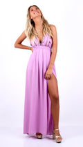Arriendo de Vestido largo color lila y detalles con mostacillas