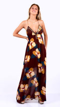 Arriendo de Vestido largo café con flores y mostacillas