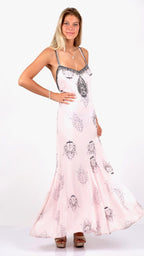 Arriendo de Vestido largo india chic color palo rosa con detalles de mostacillas