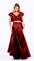 Conjunto burdeo top con vuelos y pollera ajustable
