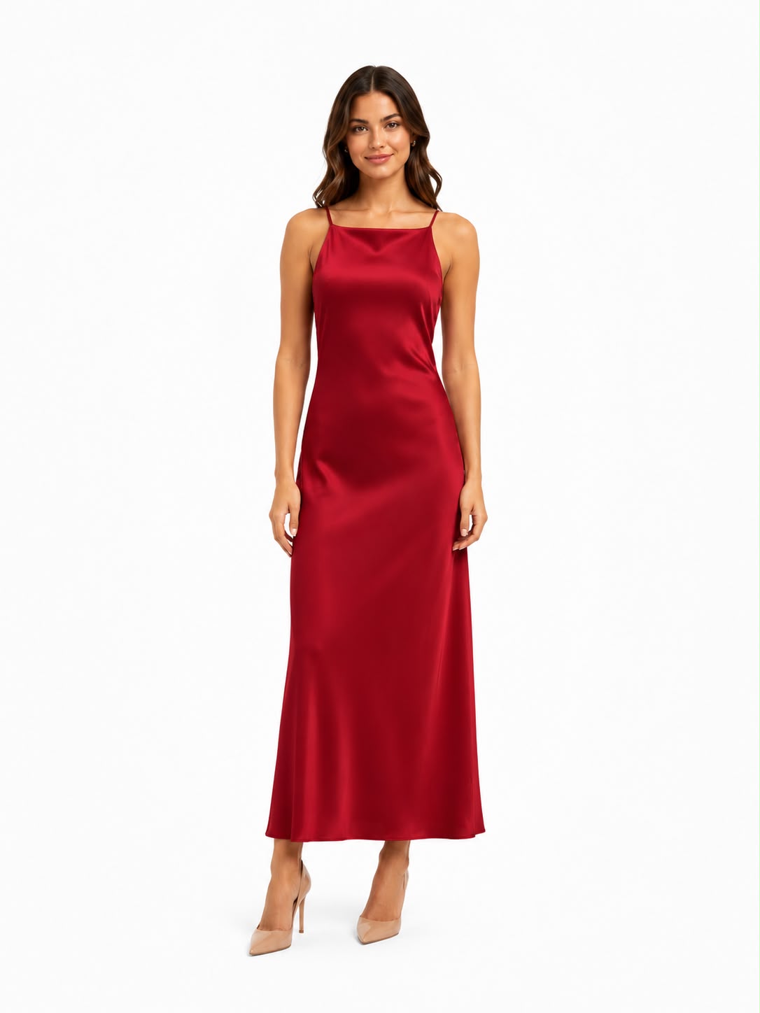Arriendo de vestido largo rojo intenso espalda cruzada
