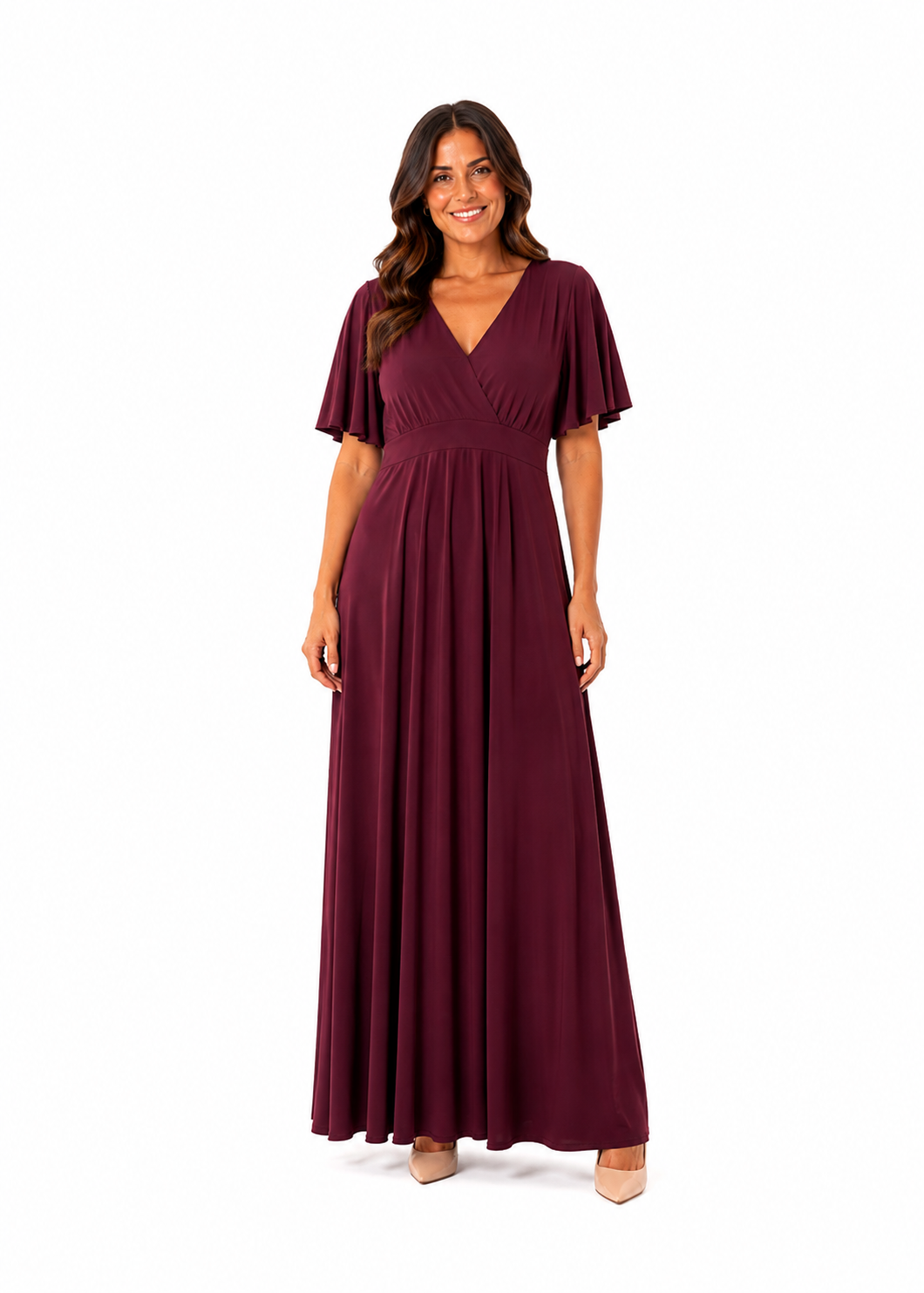 arriendo de vestido largo burdeo con mangas lycra brillante