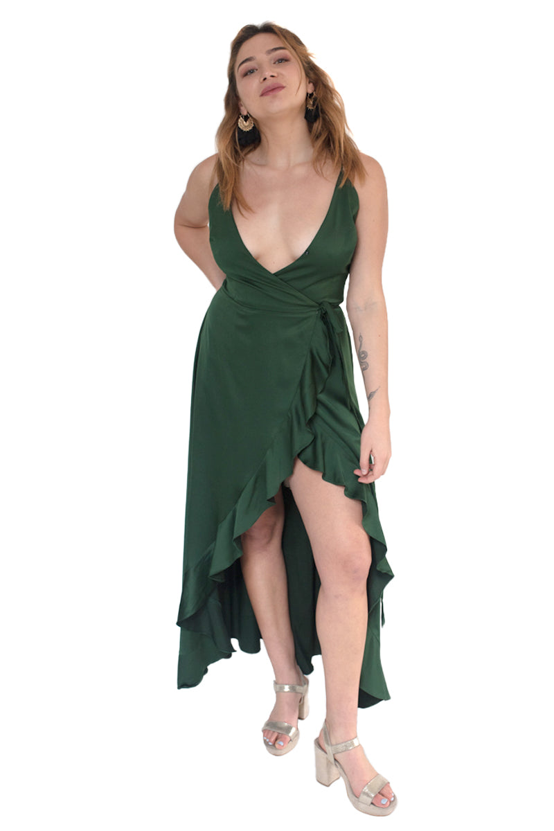 Vestido verde oliva largo con amarre al lado escote en V