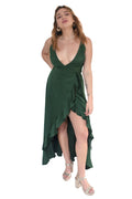 Vestido verde oliva largo con amarre al lado escote en V