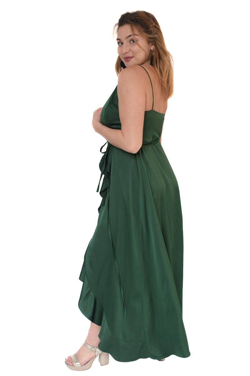 Vestido verde oliva largo con amarre al lado escote en V