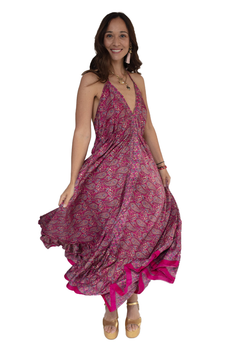 Arriendo de Vestido largo hippie morado con fucsia y flores