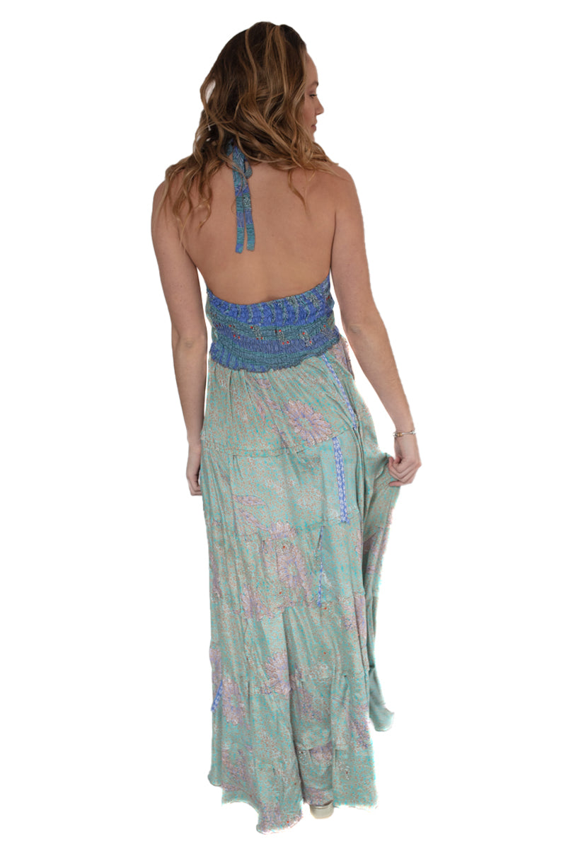 Arriendo de Vestido hippie chic largo celeste con morado y mostacillas