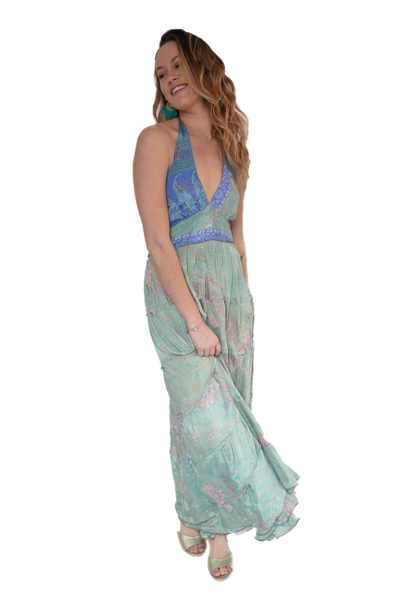 Arriendo de Vestido hippie chic largo celeste con morado y mostacillas