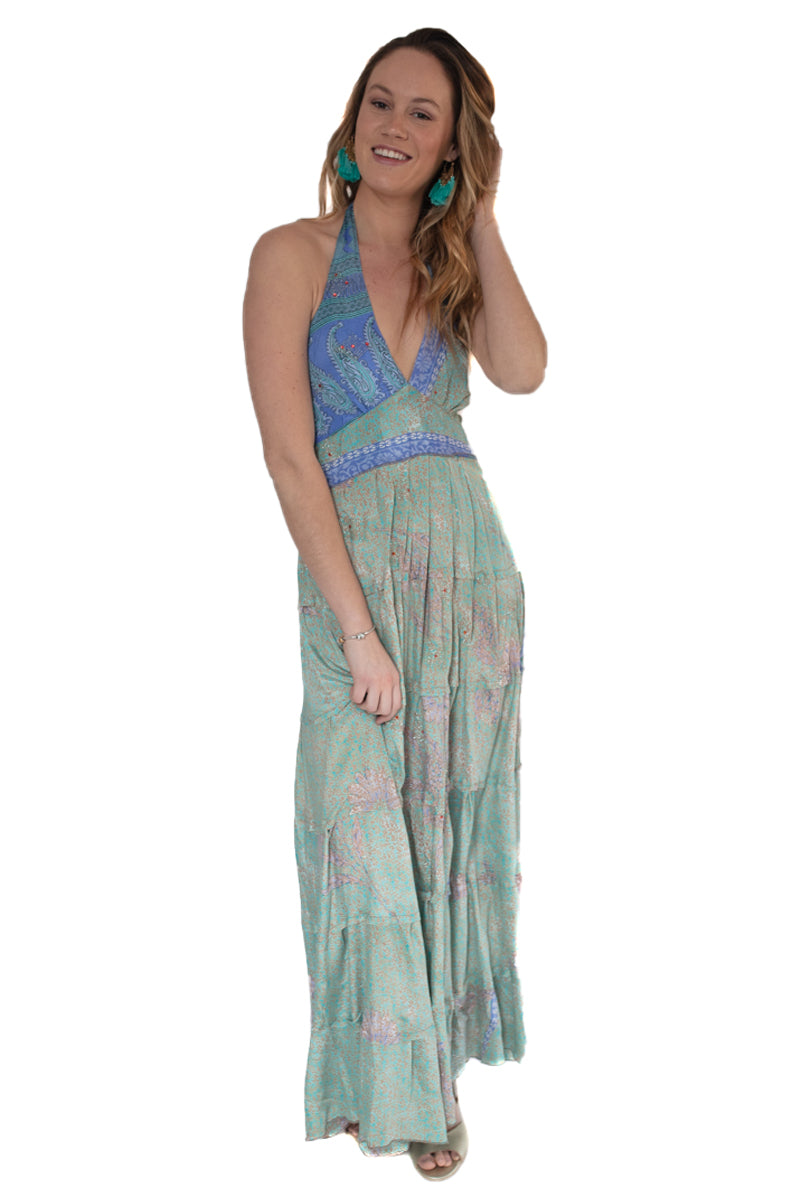 Arriendo de Vestido hippie chic largo celeste con morado y mostacillas