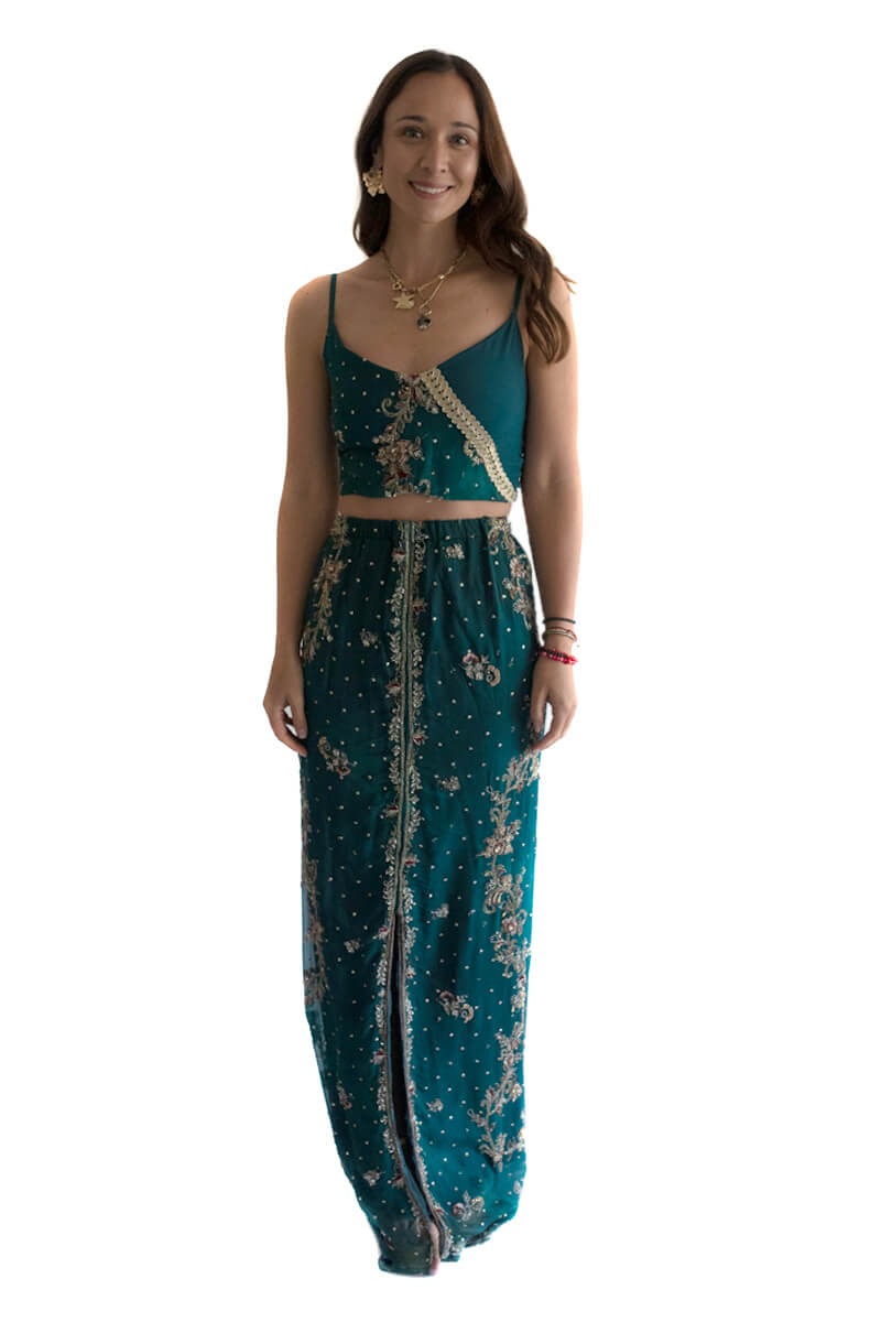 Arriendo de Conjunto hippie chic verde oscuro largo con mostacillas