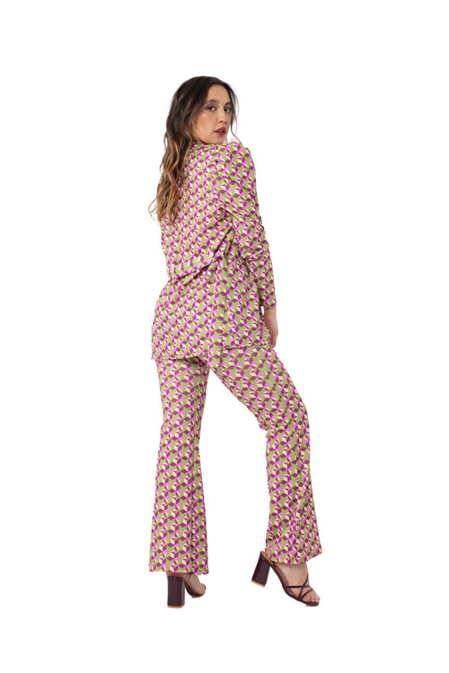 Arriendo de Conjunto de dos piezas, Chaqueta con hombreras y pantalón con estampado de rombos verde, beige y lila
