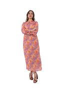Arriendo de Vestido largo con manga larga naranjo con estampado lila con botones de gasa