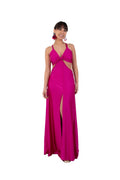 Arriendo de Vestido largo fucsia con tajo adelante y cut out de lycra