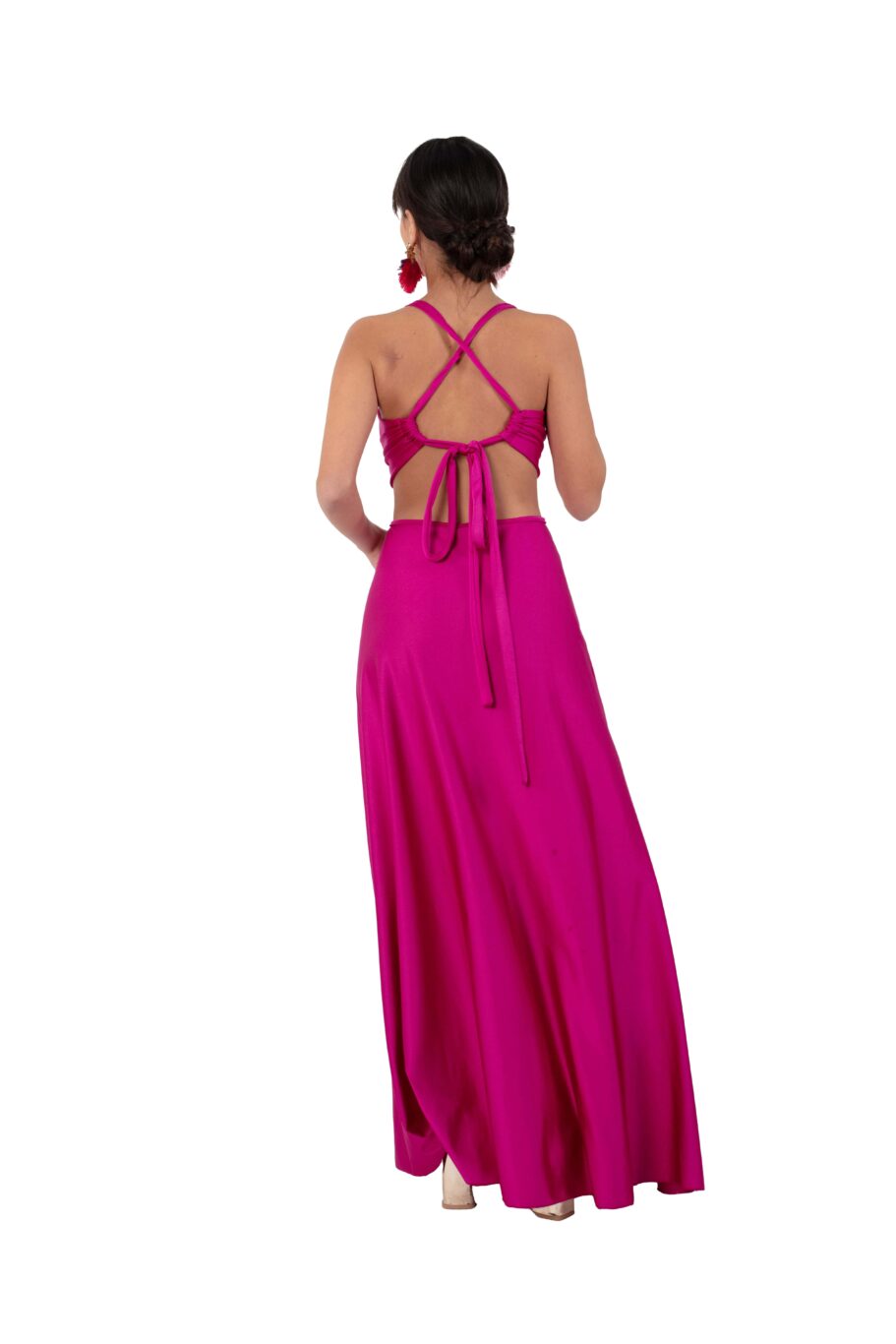 Arriendo de Vestido largo fucsia con tajo adelante y cut out de lycra