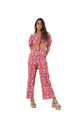 Arriendo de Conjunto de dos piezas, top con manga aglobada y pantalón recto con estampado naranjo, morado y beige
