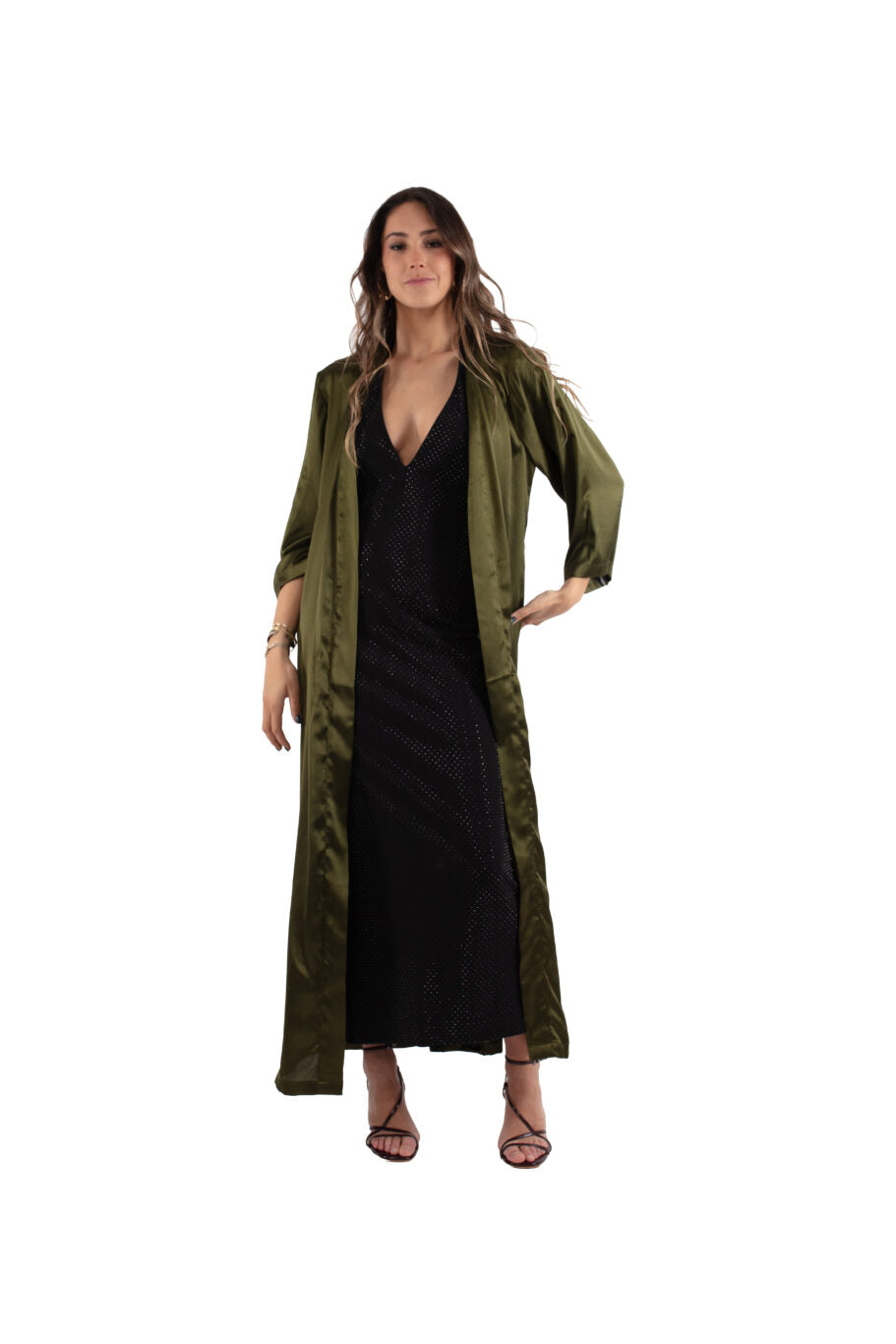 Arriendo de Kimono largo verde musgo oscuro con mangas 3/4
