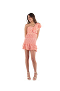 Arriendo de Vestido corto asimétrico con print blanco y naranjo
