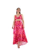 Arriendo de Conjunto de dos piezas, top y pollera ajustables con estampado fucsia, naranjo y rosado