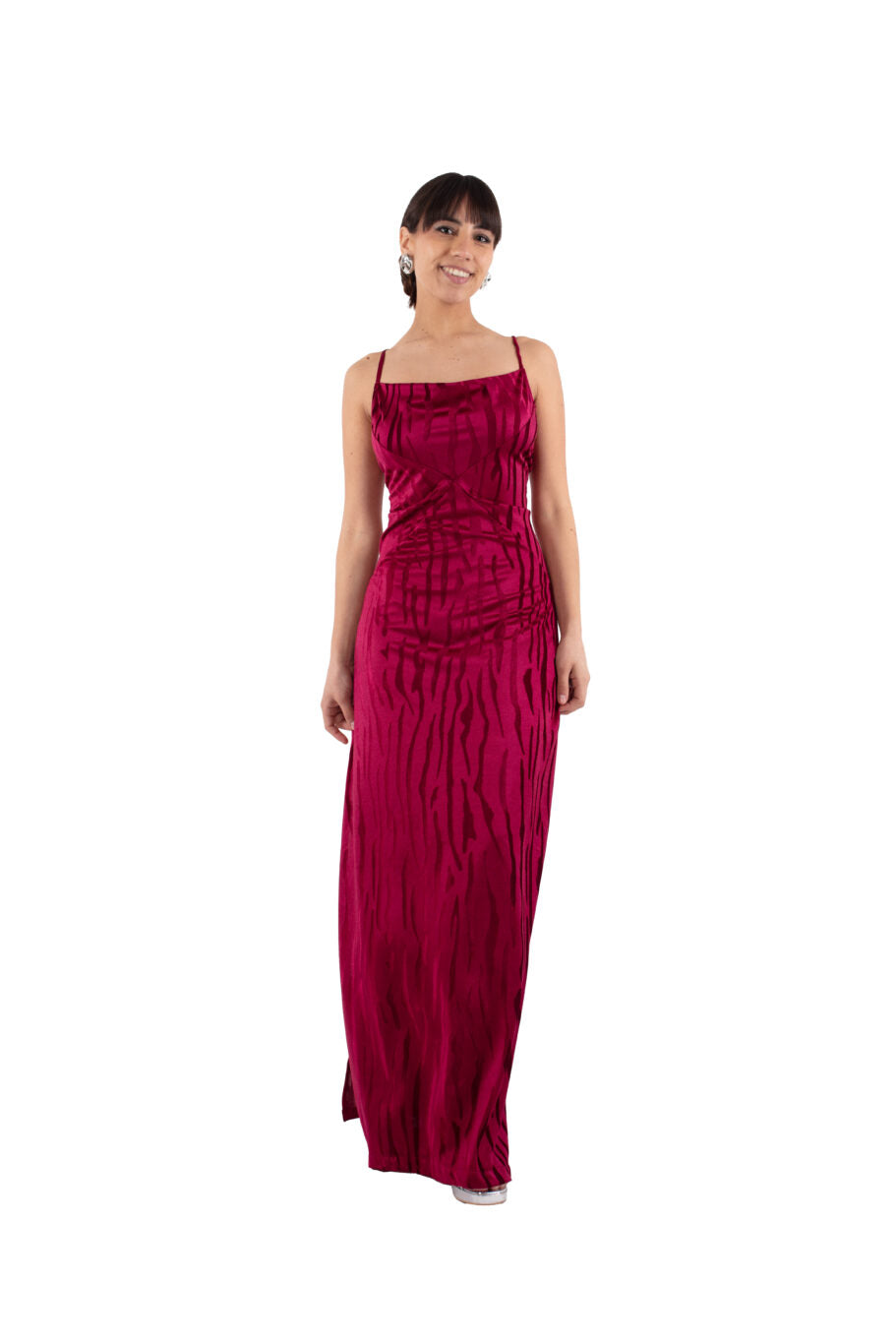 Arriendo de Vestido largo burdeo con estampado de terciopelo de zebra