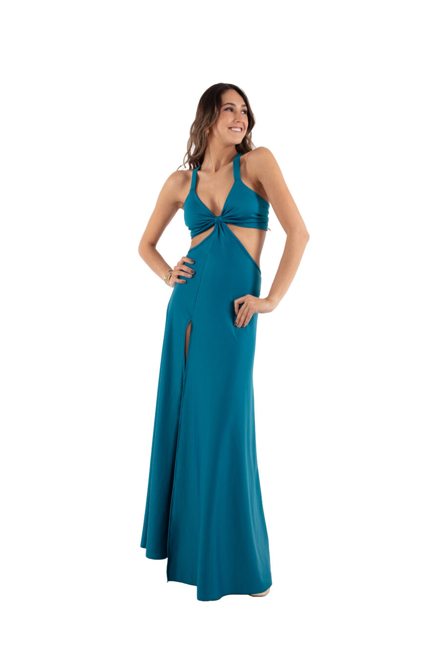 Arriendo de Vestido largo turquesa con tajo adelante y cut out