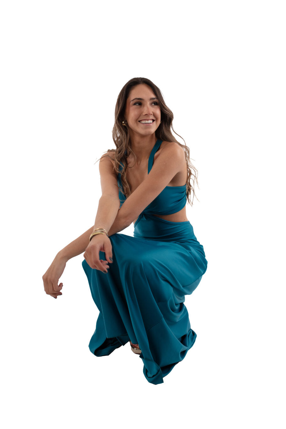 Arriendo de Vestido largo turquesa con tajo adelante y cut out