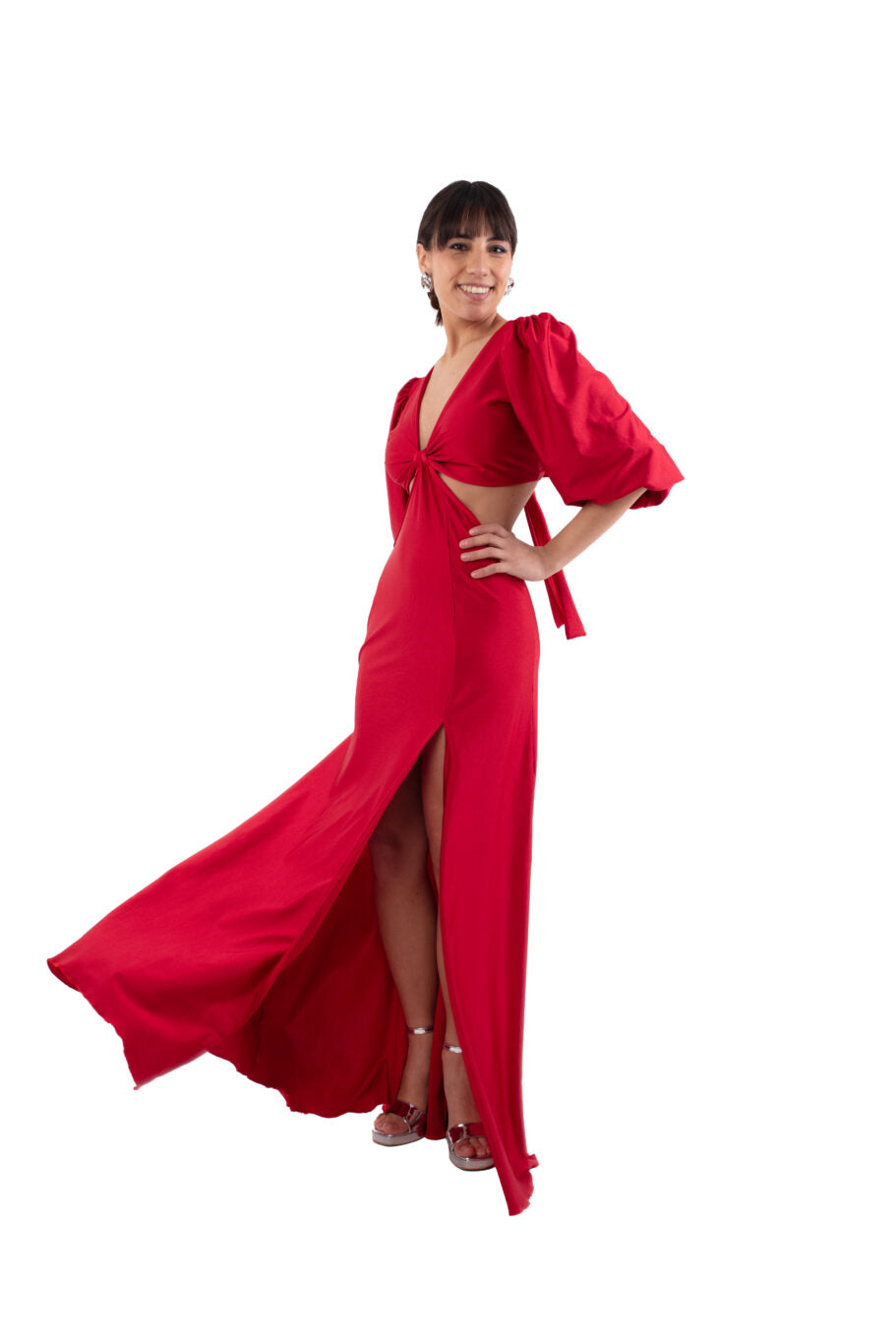 Arriendo de Vestido largo rojo con mangas cut out de lycra