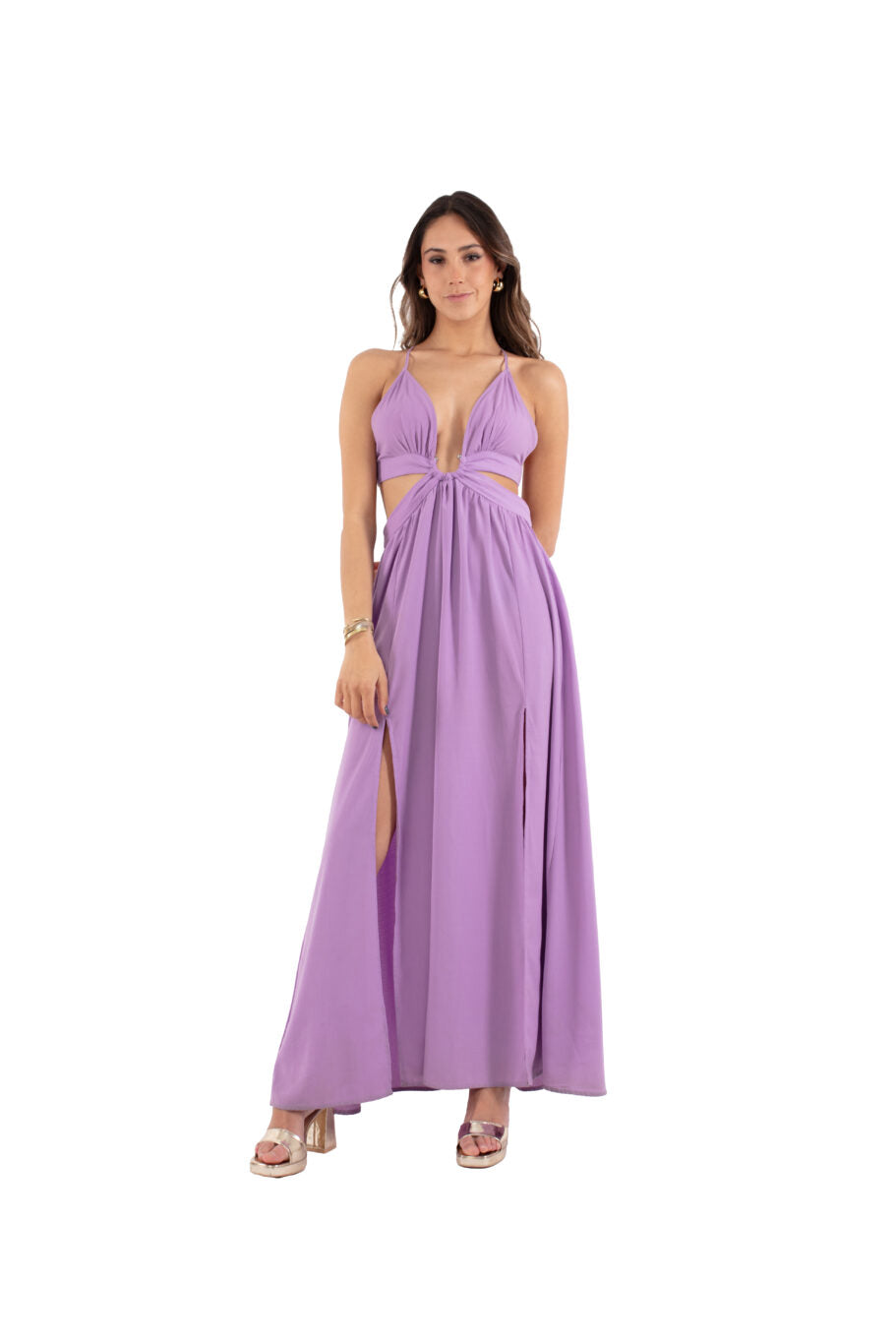 Arriendo de Vestido largo lila tela mas gruesa cut out con argolla en cintura y amarre en espalda