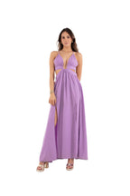 Arriendo de Vestido largo lila tela mas gruesa cut out con argolla en cintura y amarre en espalda