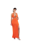 Arriendo de Vestido largo naranjo con cortes en cintura, tela elasticada