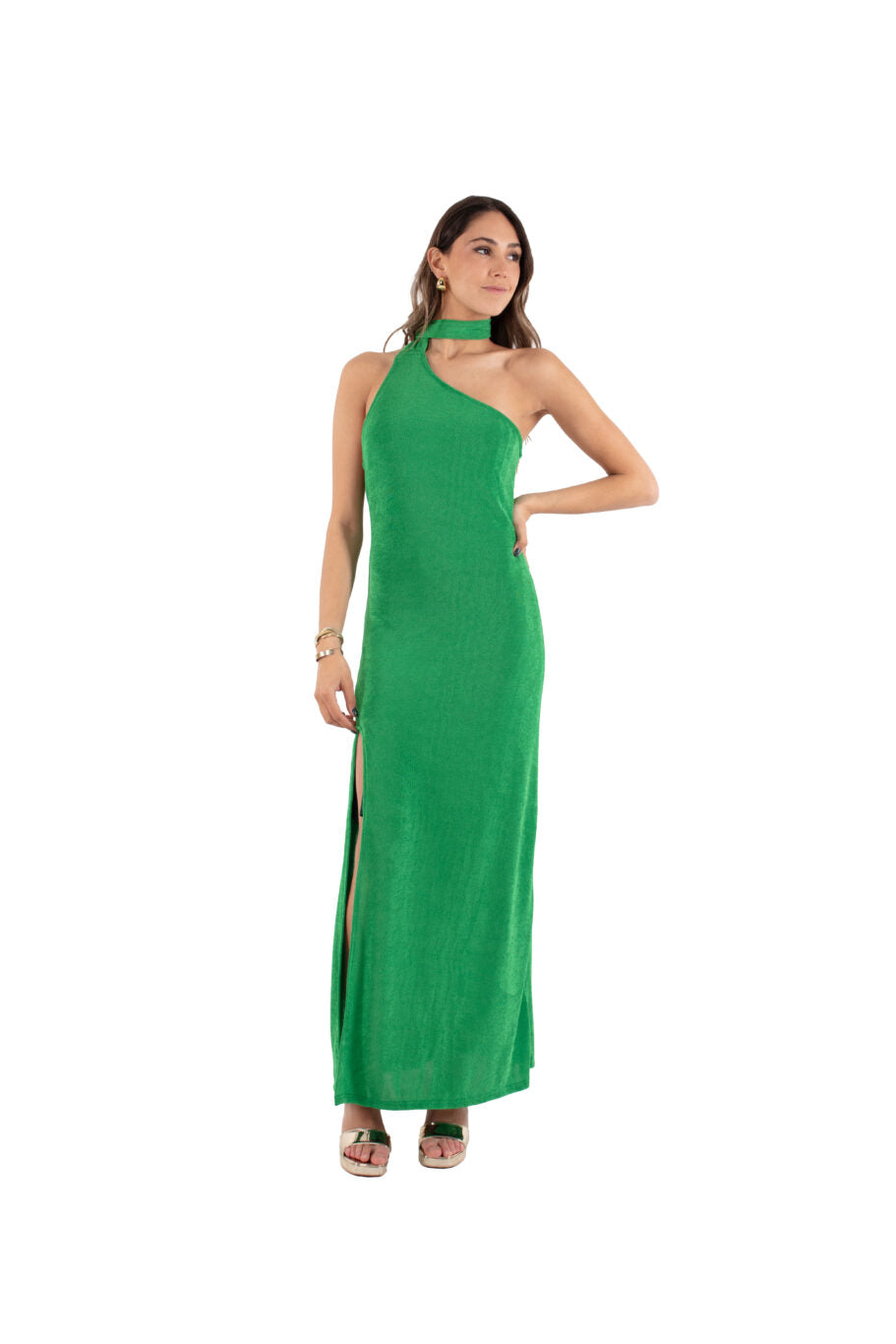 Arriendo de Vestido largo verde asimétrico elasticado
