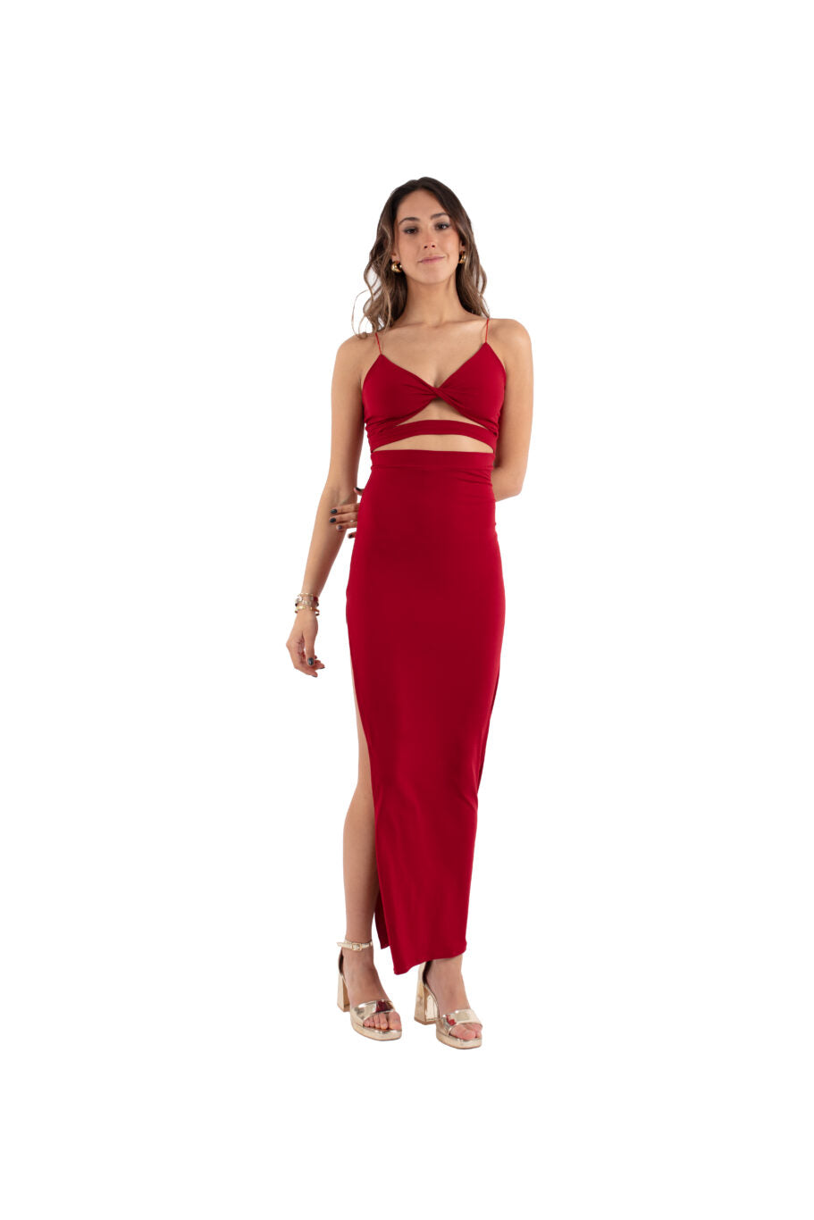 Arriendo de Vestido rojo cut out adelante con pabilos y escote cruzado adelante