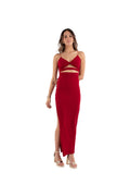Arriendo de Vestido rojo cut out adelante con pabilos y escote cruzado adelante